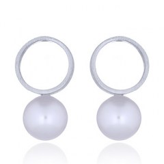 Silver Plated Open Circle & Pearl Studs Brushed Finish