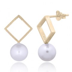 Gold Plated Brushed Finish Open Square & Pearl Studs by BeYindi 