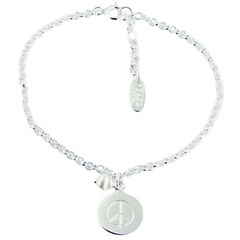 Sterling Silver Round Peace Charm Bracelet with Freshwater Pearl