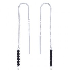 Black Agate Beads Silver Chain Thread Earrings by BeYindi