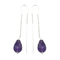 Threader Earrings Faceted Amethyst Droplets 925 Silver