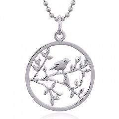 Nightingale Bird In Branch Sterling Silver Pendants