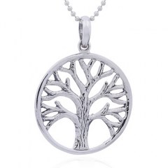 Rugged Antiqued Silver Tree of Life in Round Frame Pendant