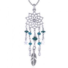 925 Silver Lotus Flower Pendant Turquoise Beads