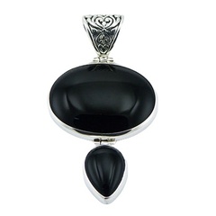 925 Silver Gemstone Pendant Oval & Drop Shaped Black Agate by BeYindi