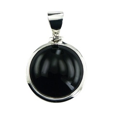 Round Black Agate Gemstone Classic Sterling Silver Pendant