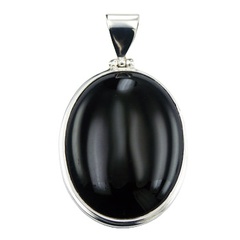 Generous Sized Oval Black Agate Sterling Silver Pendant