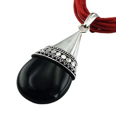 Handmade Black Agate Drop Ornate Silver Cap Pendant 