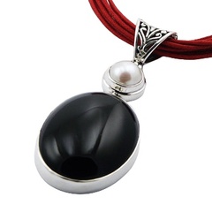 Glossy Black Agate Gorgeous Freshwater Pearl Silver Pendant