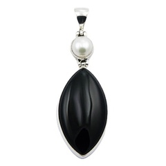 Freshwater Pearl Marquise Cut Black Agate Silver Pendant