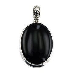Ajoure Silver Bail Oval Black Agate Cabochon Pendant by BeYindi