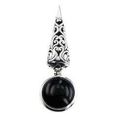 Round Black Agate Gemstone Conical Silver Ajoure Bail