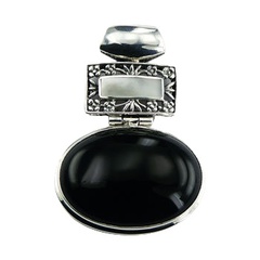 Ornate Silver Framed Shell Black Agate Gemstone Pendant
