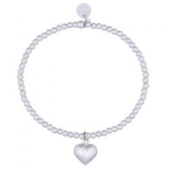 Sterling Silver Beads Stretch Bracelet with Puffed Heart Charm