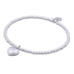Sterling Silver Beads Stretch Bracelet with Puffed Heart Charm 
