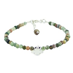 Multicolored Round Agate Bead Bracelet with Silver Clover Charm 
