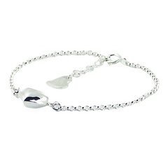 Adjustable Sterling Silver Puffed Heart Charm Chain Bracelet 