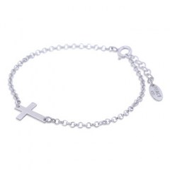 Plain Silver Sideways Cross Charm Bracelet Rolo Chain