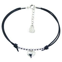 Leather Bracelet String of Sterling Silver Beads & Hearts
