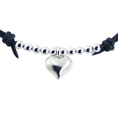 Leather Bracelet String of Sterling Silver Beads & Hearts 2