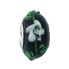 Black Murano Glass Bead White Flowers And Leafs Relief