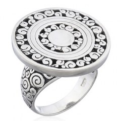 Round Ajoure Silver Antiqued Ornate Sterling Silver Ring