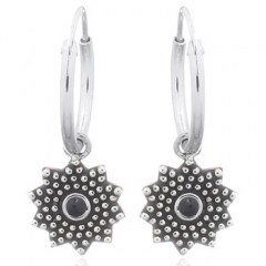 Reconstituted Black Agate Sunflower Silver Hoop Earrings