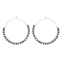 Black Agate Stones Circle Silver Wire Hoop Earrings