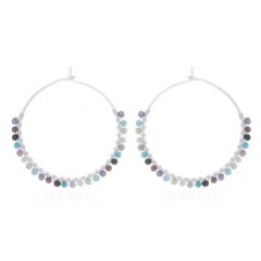 Mixed Stones Circle Silver Wire Hoop Earrings