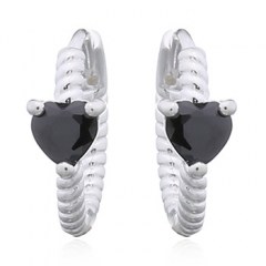 Heart Black CZ 925 Silver Twisted Hoop Earrings