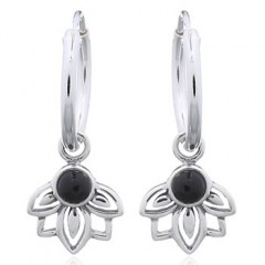 Reconstituted Black Agate Little Lotus 925 Silver Hoop Earrings
