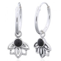 Reconstituted Black Agate Little Lotus 925 Silver Hoop Earrings by BeYindi 