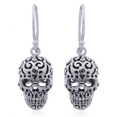 925 Silver Skull Dangle Earrings Perforated Pattern