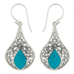 Synthetic Turquoise Dangle Earrings with Floral Antiqued Design