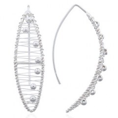 Spinning Balls In Wire Closed Up Marquise Silver Drop Earrings