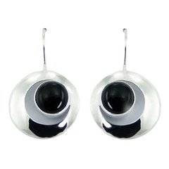 Convexed 925 Silver Hoop Drop Earrings Round Black Agate Gem