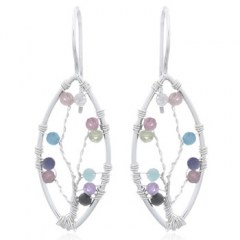 Mixed Stones Jeweled Tree In Marquise Silver Drop Earrings