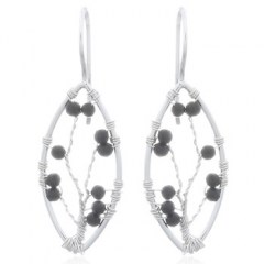 Black Agate Jeweled Tree In Marquise Silver Drop Earrings