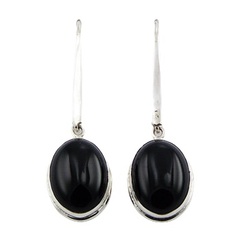 Oval Black Agate Drops Silver Stick Hanger Earrings