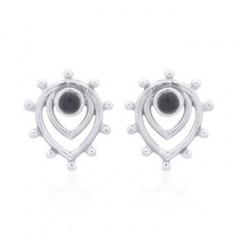 Reconstituted Black Agate In Teardrop Petal Silver Stud Earrings