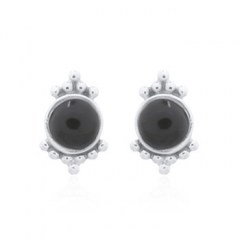 Antiqued Reconstituted Black Agate Silver Dotted Stud Earrings