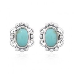 Reconstituted Stone Green Oval Filigree Silver Stud Earrings