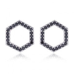 Cubic Black Zirconia Hexagon Big Stud Sterling Silver Earrings