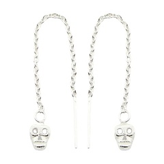 Humorous Skull Charm On Rollo Chain Silver Threader Earring