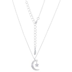 Cubic White Zirconia Moon And Star 925 Silver Chain Necklace