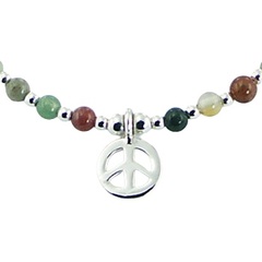 Multicolored Round Agate Bead Bracelet with Silver Peace Charm 2