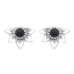 Reconstituted Black Agate In Lotus Silver Stud Earrings by BeYindi
