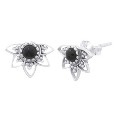 Reconstituted Black Agate In Lotus Silver Stud Earrings by BeYindi 
