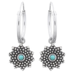 Reconstituted Turquoise Sunflower Silver Hoop Earrings