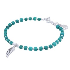 Cubic Turquoise Bead Bracelet with Sterling Silver Wing Charm 